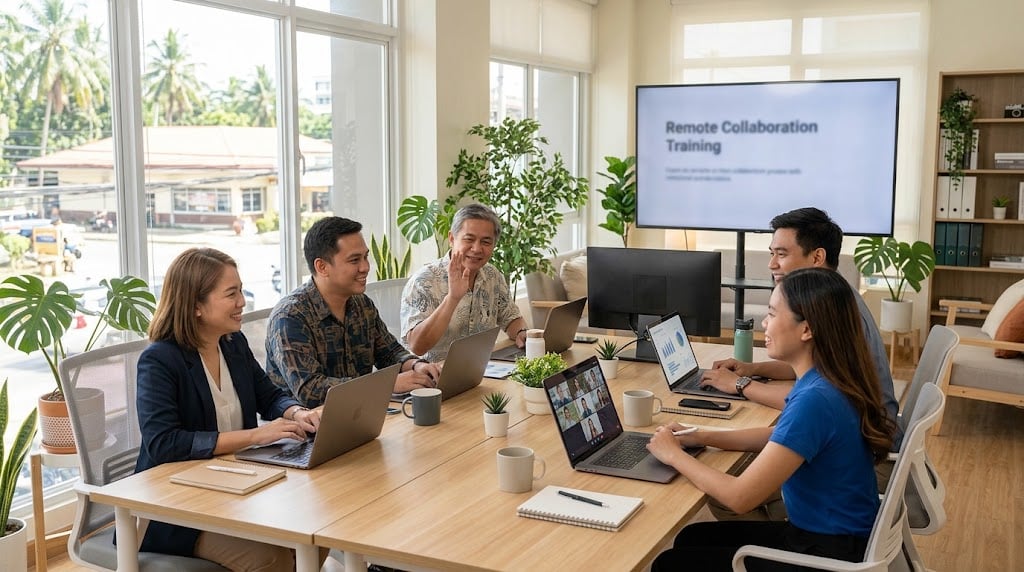 Filipino remote professionals attending a training session in a bright coworking space