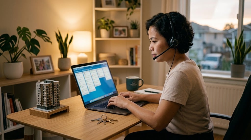 Property management virtual assistant with a headset at a home desk, with a maintenance ticket board on the laptop and a set of keys beside it