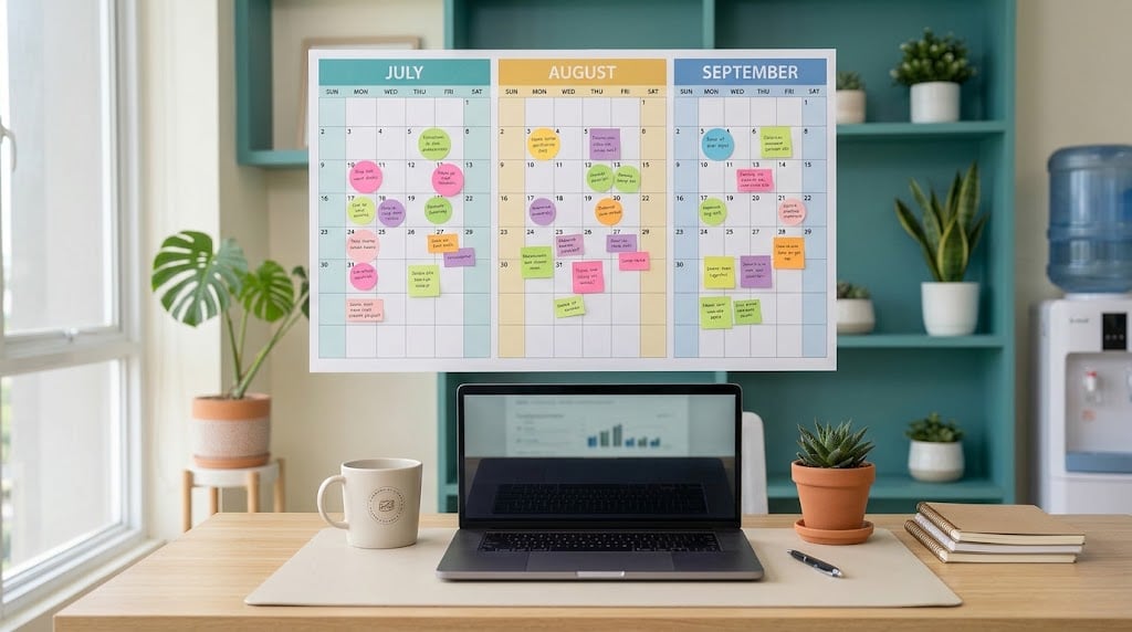 Wall calendar with three highlighted months and sticky notes above a desk with a laptop, representing a 30-60-90 day onboarding plan