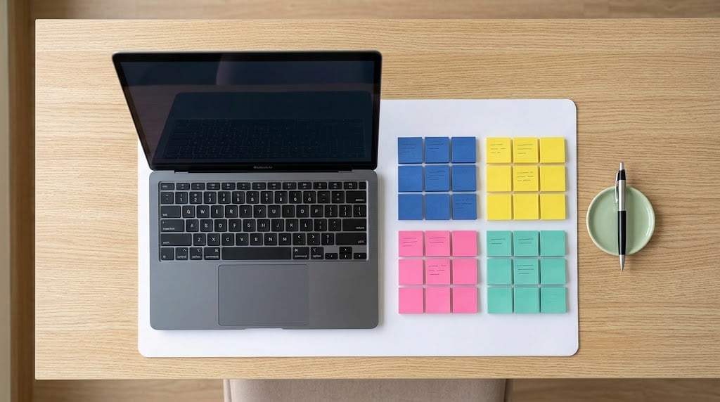 Colorful sticky notes sorted into four groups on a white desk beside a laptop and pen