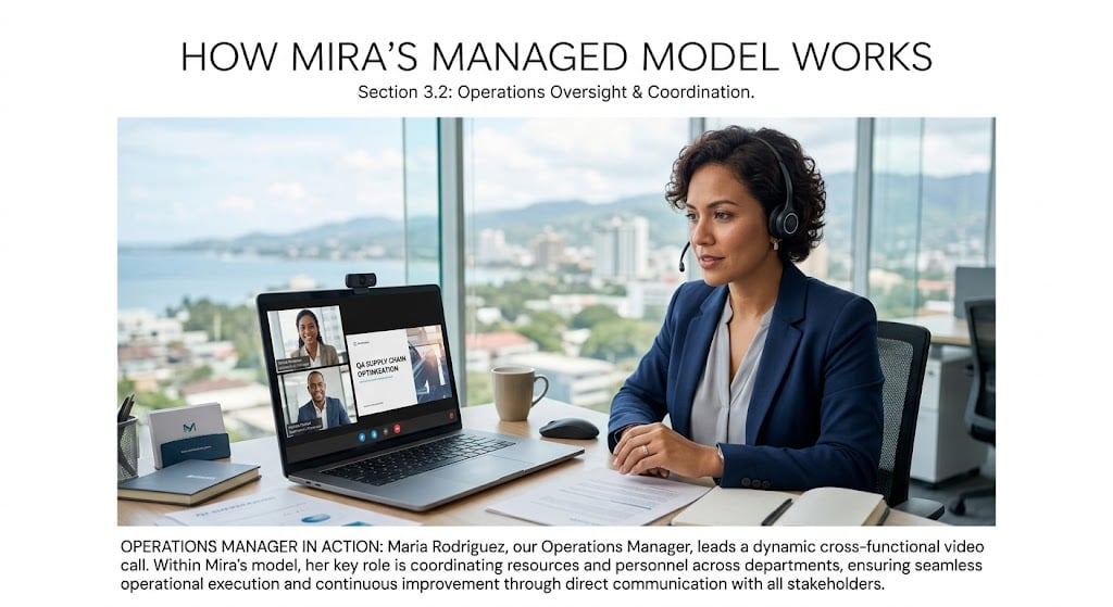 Operations manager on a video call reviewing a dashboard with a remote virtual assistant