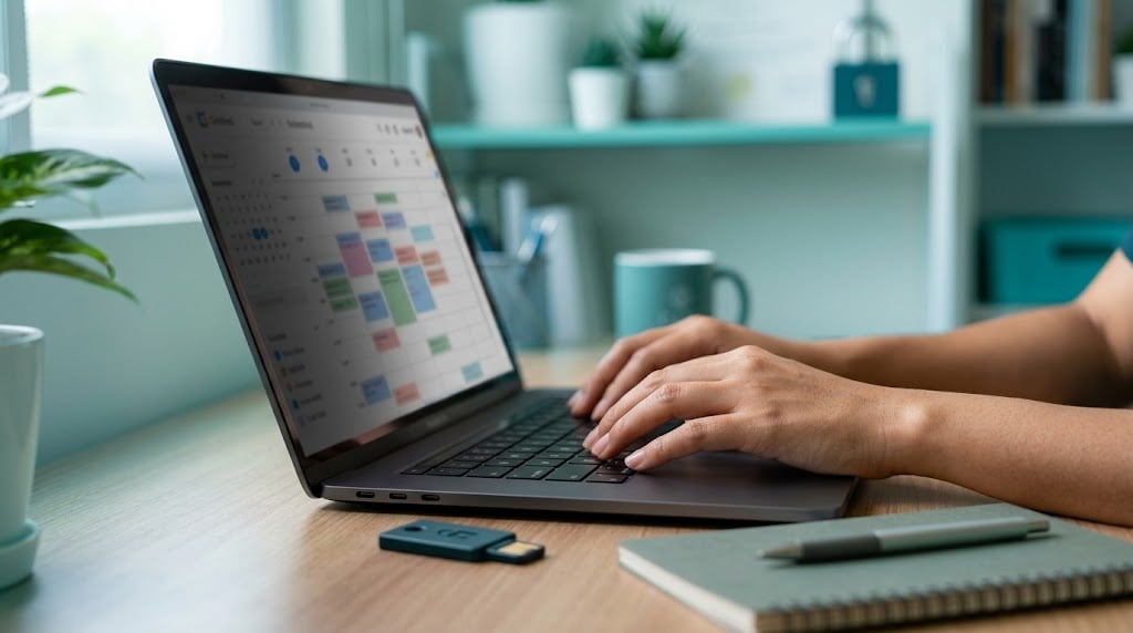 Hands typing on a laptop fitted with a privacy screen filter, with a security key and notebook on the desk