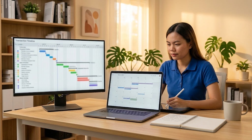 Remote transaction coordinator at a desk with dual monitors showing a closing timeline and calendar, with a checklist notebook