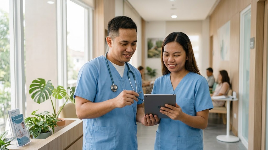 Physician and staff member reviewing a tablet together after a prior authorization approval