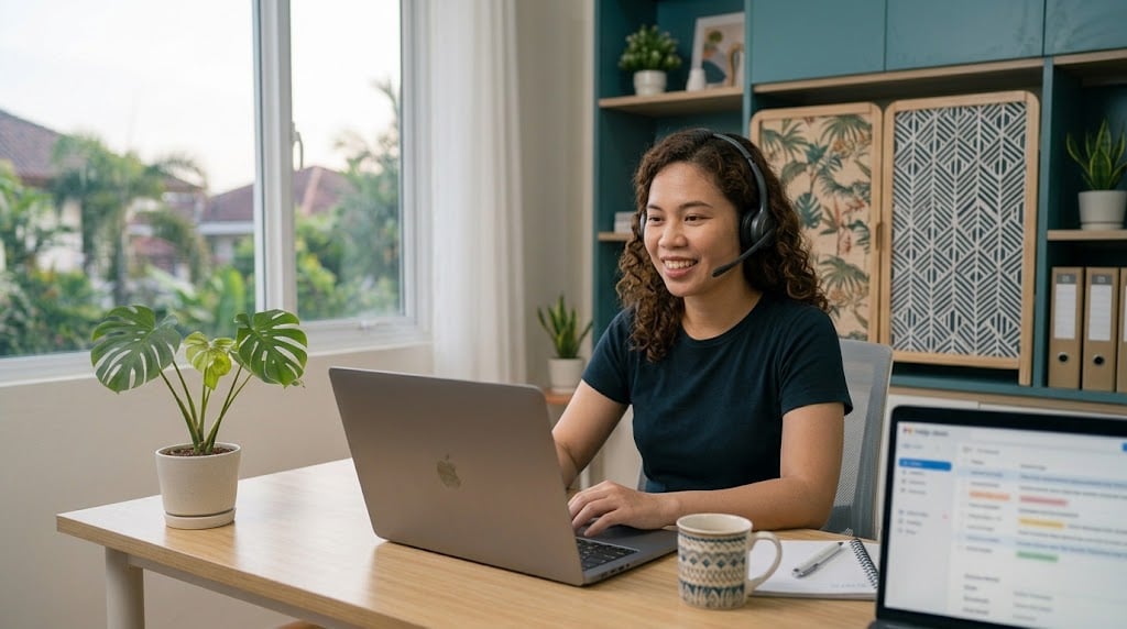 Customer service virtual assistant with a headset helping a customer by phone