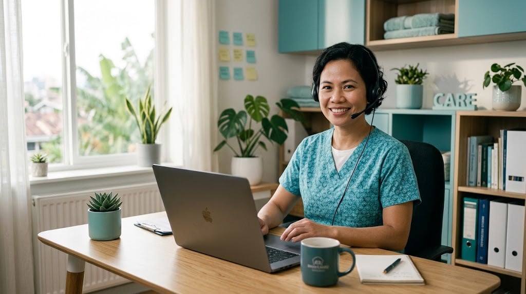 Virtual medical receptionist with a headset managing a clinic's appointment calendar