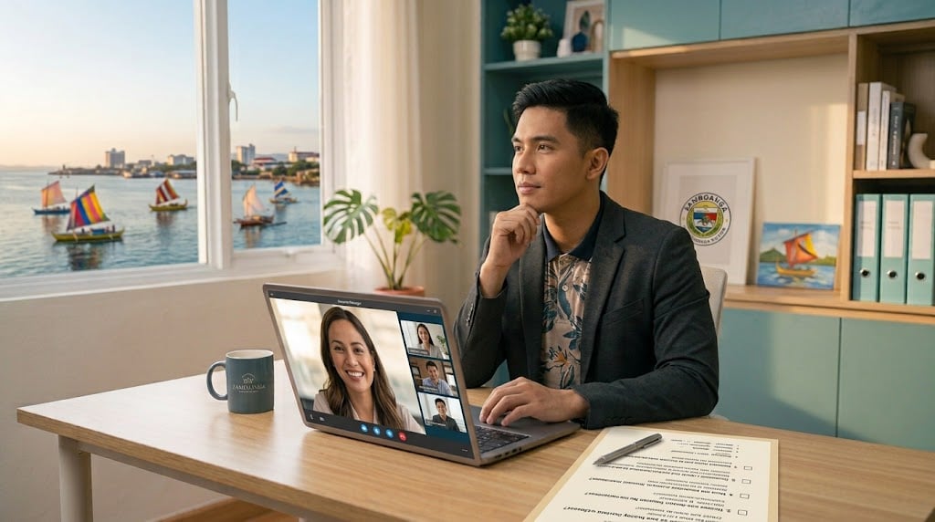 Business owner on a video call with a virtual assistant company account manager, reviewing a list of questions