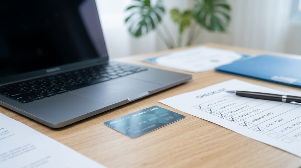 Desk with an insurance card, laptop, and verification checklist used by a remote insurance verification specialist