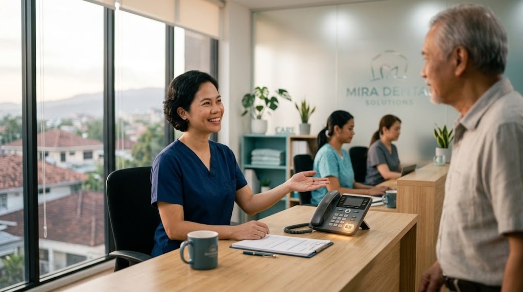 Medical clinic front desk with a staff member greeting a patient while a virtual medical receptionist handles the phones remotely
