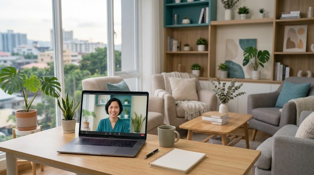 Therapist's office with a mental health virtual assistant on a video call