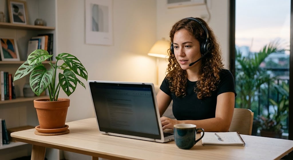 Mental health virtual assistant working at a private home desk with a privacy screen on the laptop